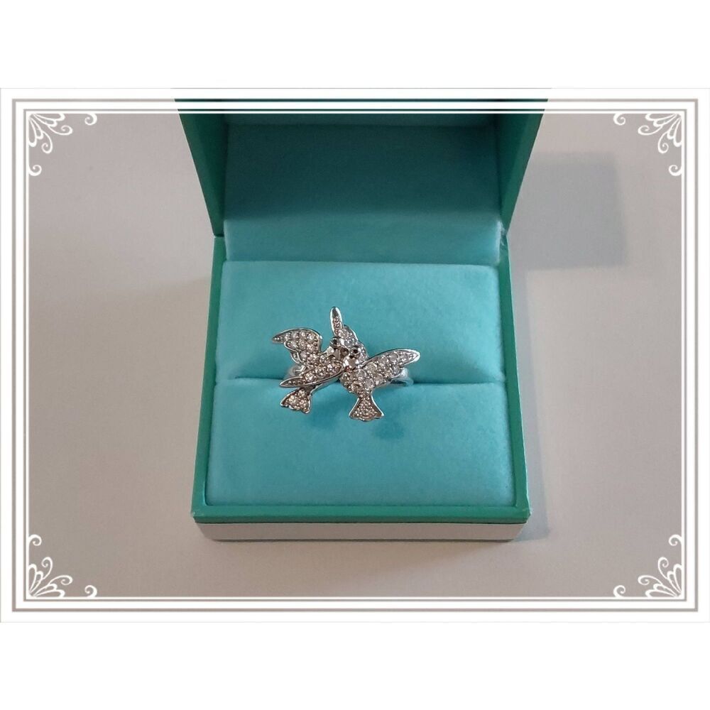 Pretty 925 Sterling Sparkling Sim Diamond Kiss Kiss Birds of Paradise Ring Sz 10